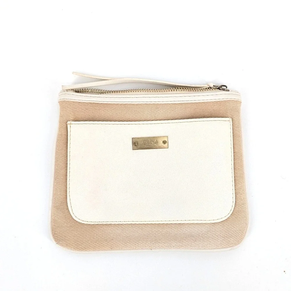 Chloe Parfums Canvas Cosmetic Pouch Tan White Logo Zip Clutch